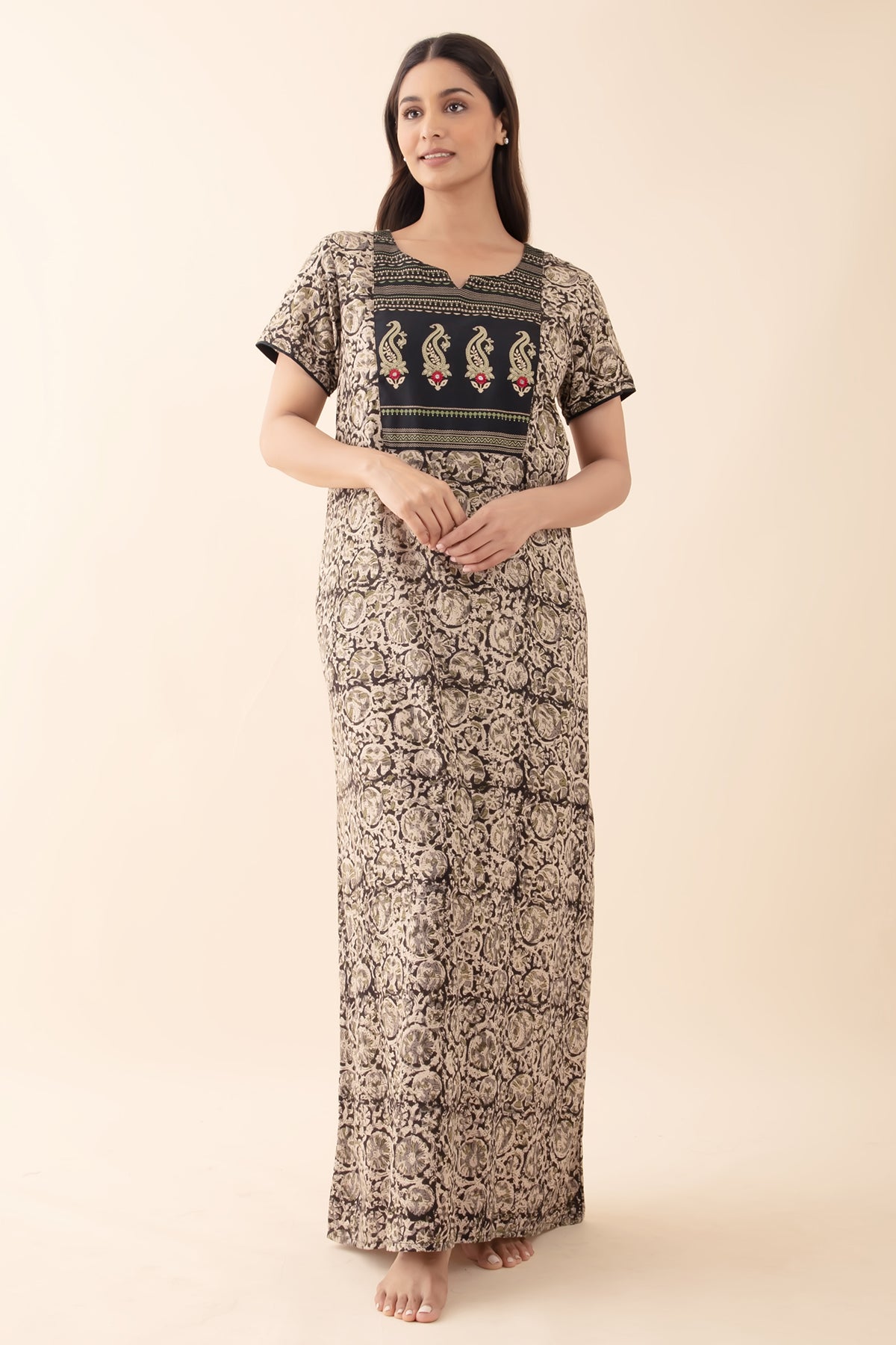 Kalamkari Nighty with Pasiley Printed Yoke - Black