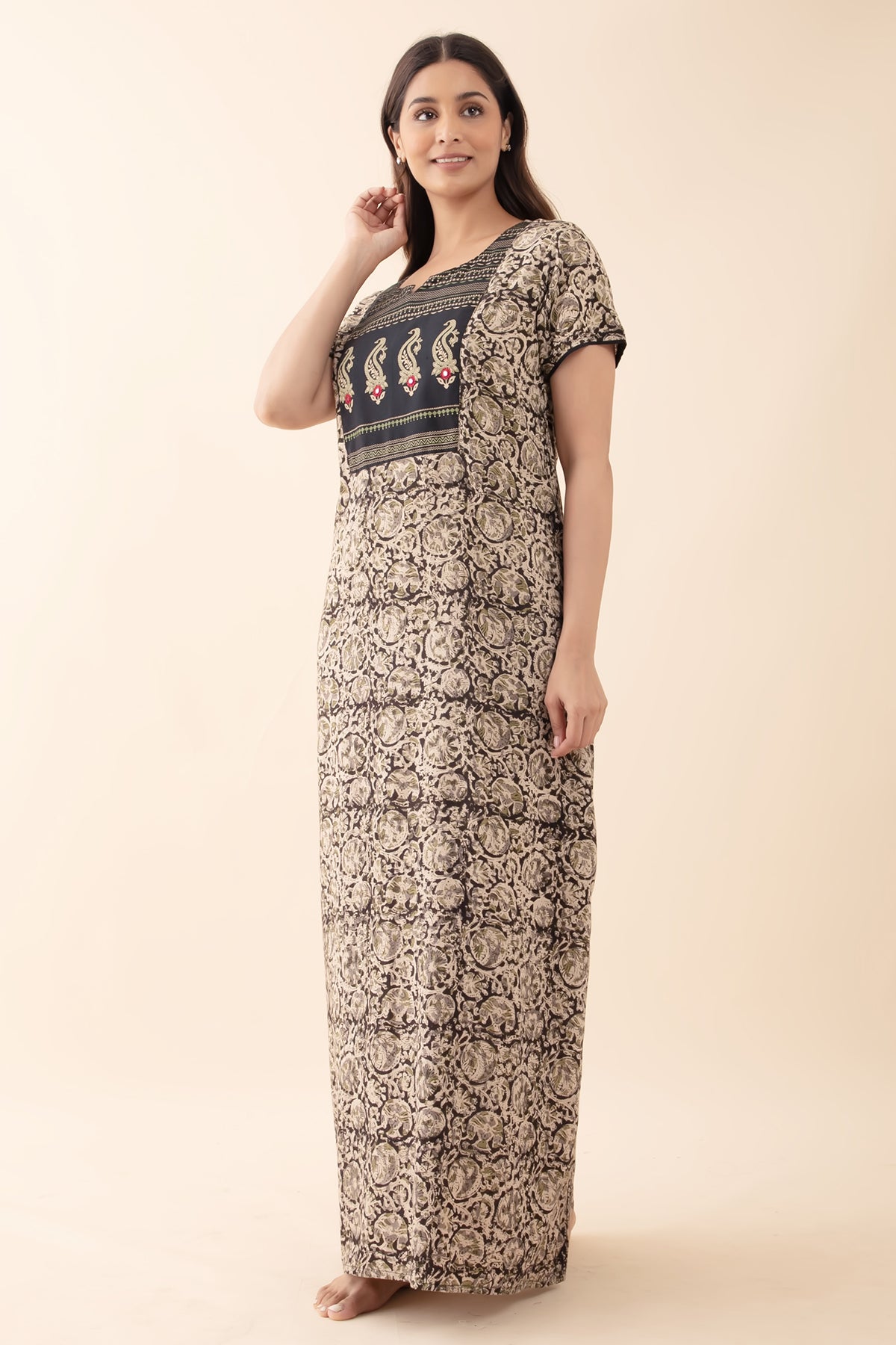 Kalamkari Nighty with Pasiley Printed Yoke - Black