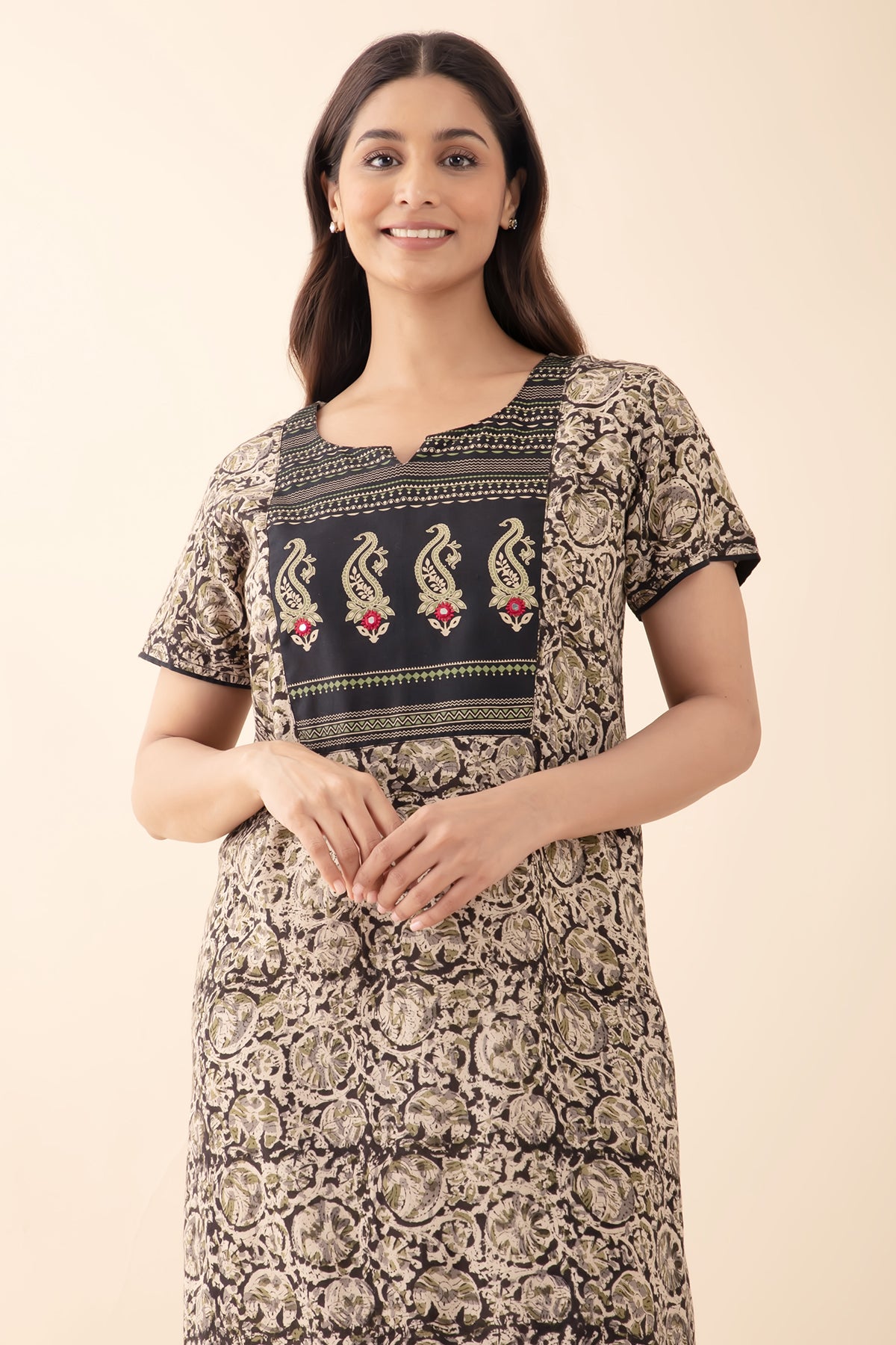 Kalamkari Nighty with Pasiley Printed Yoke - Black