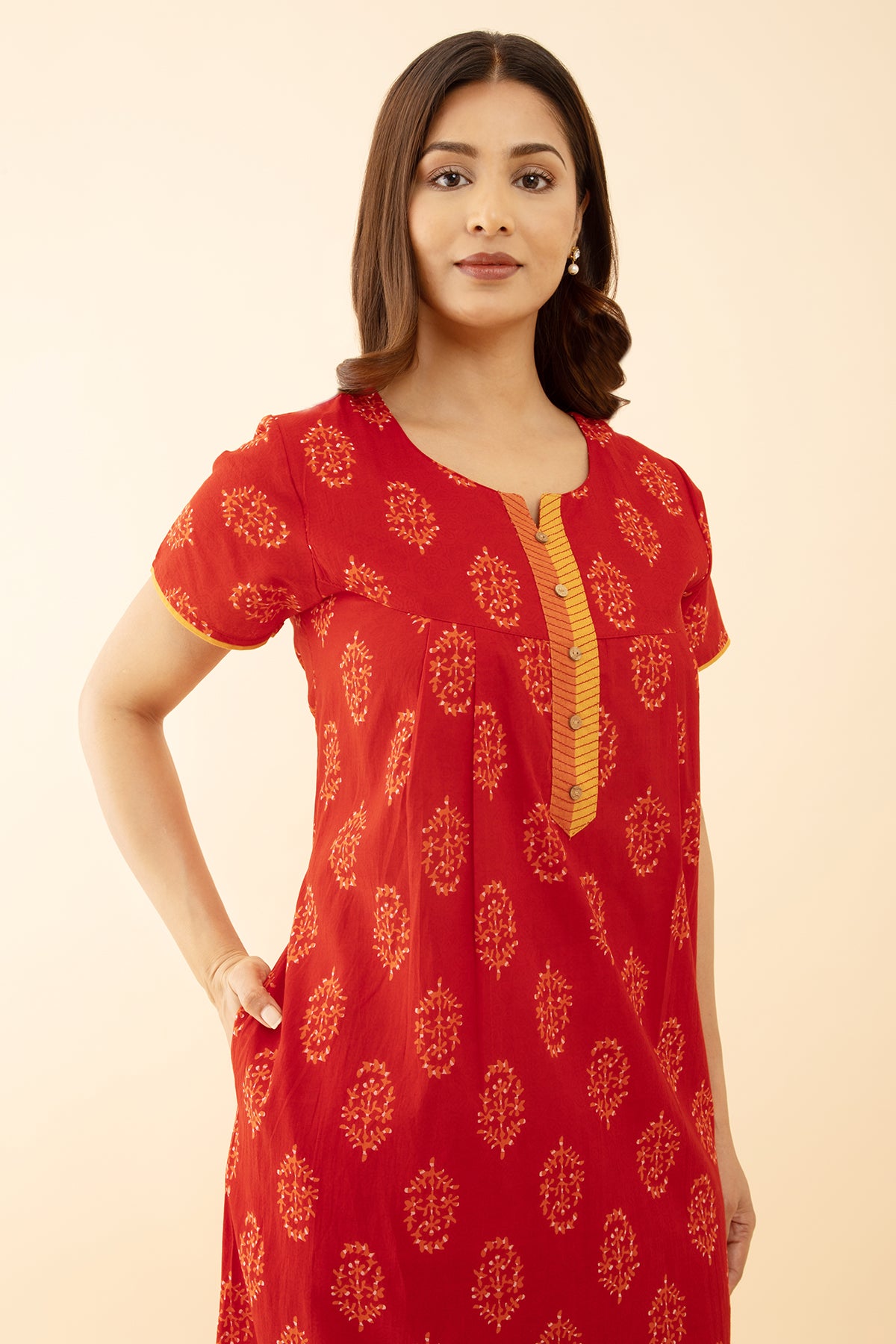 Red Floral Cotton Nighty: Printed Round V-Neck Design