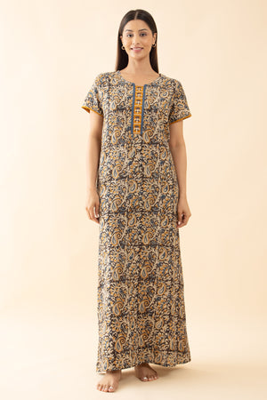 Paisley Kalmakri Printed Nighty - Blue & Mustard