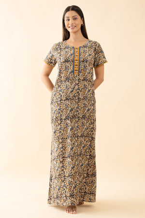 Paisley Kalmakri Printed Nighty - Blue & Mustard