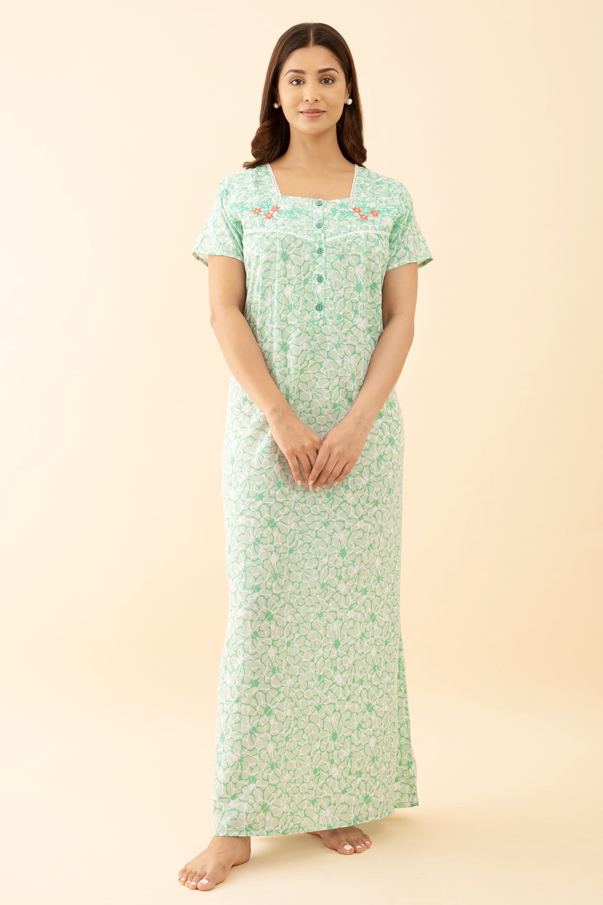 Green color Floral Embroidered Nighty with Square Neck