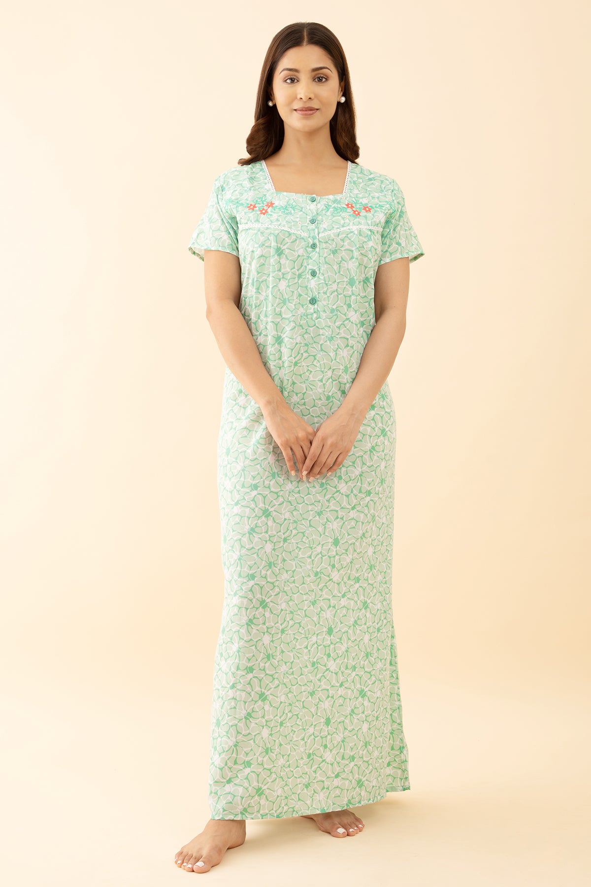 Green Floral Embroidered Nighty - Square Neck/Button