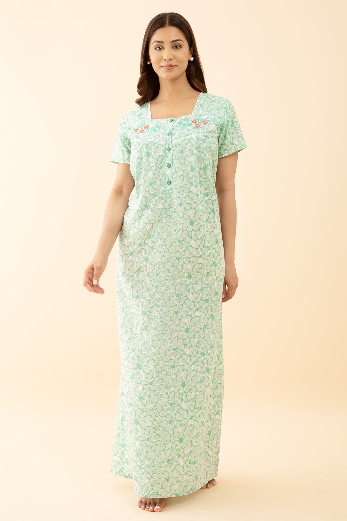 Green color Floral Embroidered Nighty with Square Neck