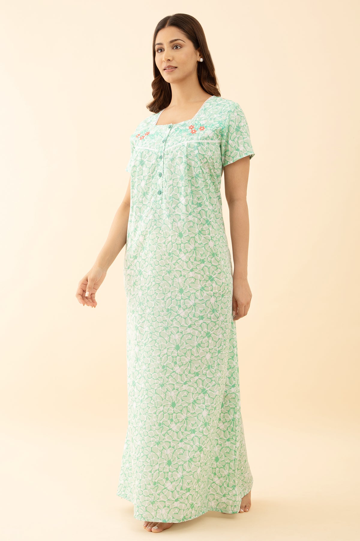 Green Floral Embroidered Nighty - Square Neck/Button