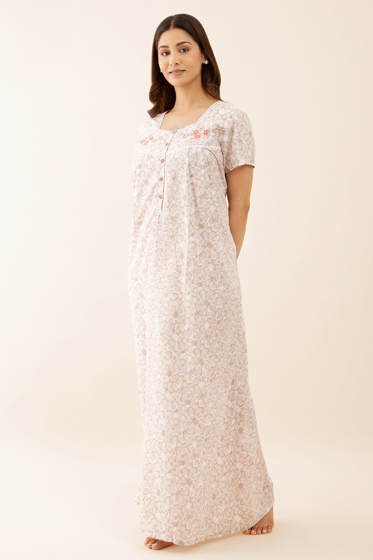 Square Neck Mustard Floral Nighty with Embroidery