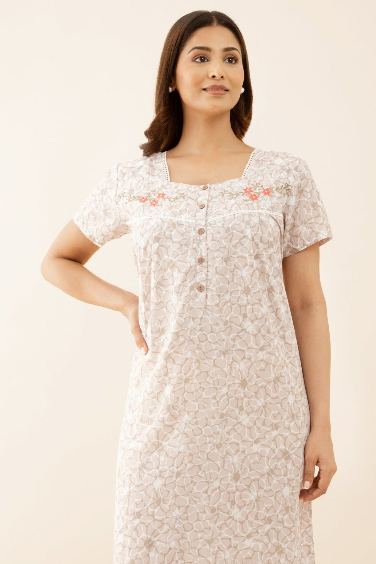 Square Neck Mustard Floral Nighty with Button Embroidery