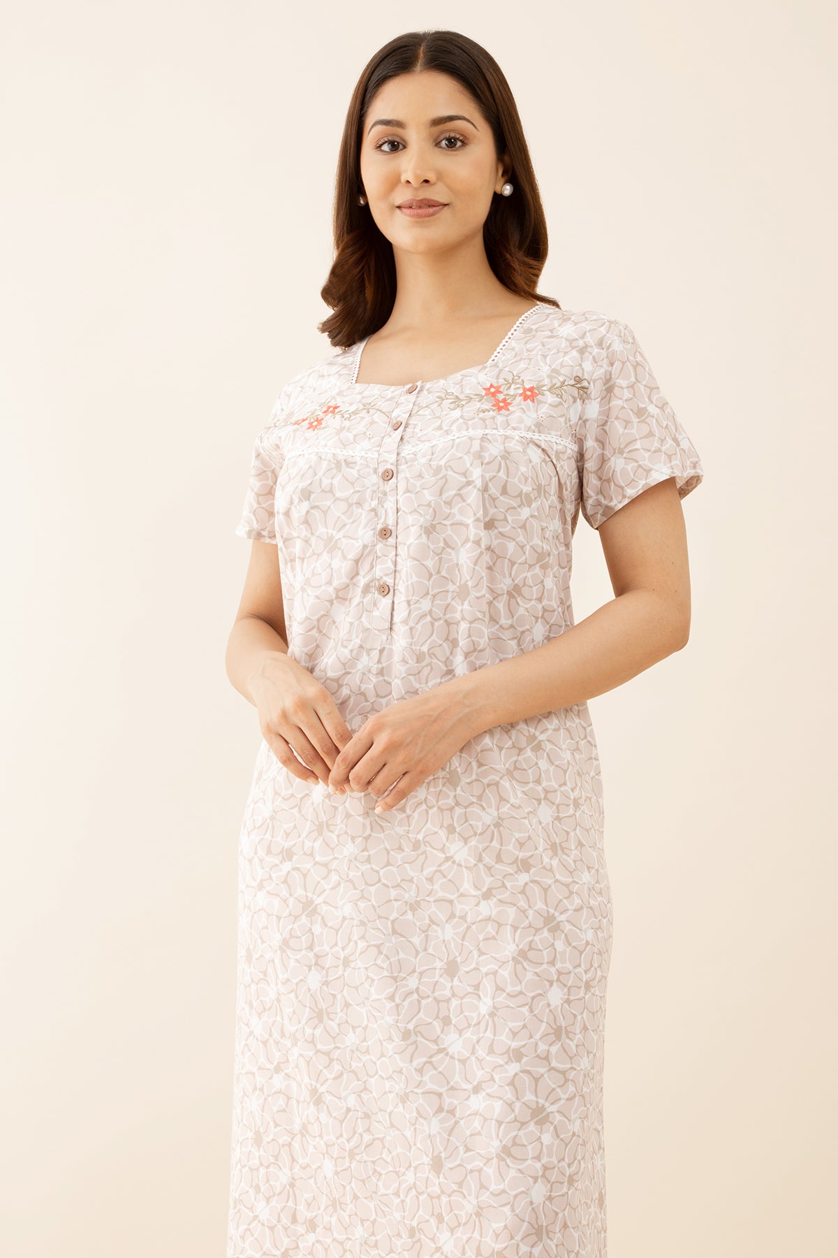 Square Neck Mustard Floral Nighty with Embroidery