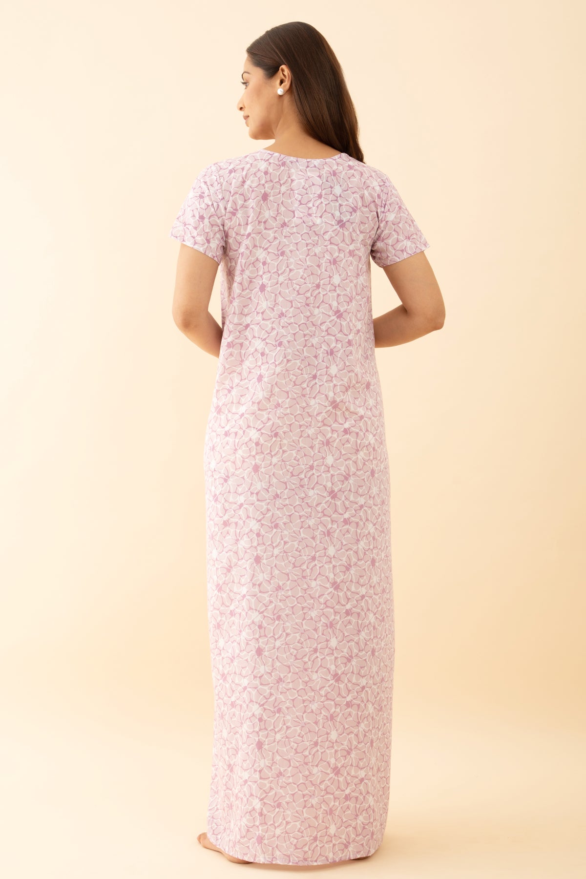 Floral Printed Pink Nighty: Square Neck Embroidery