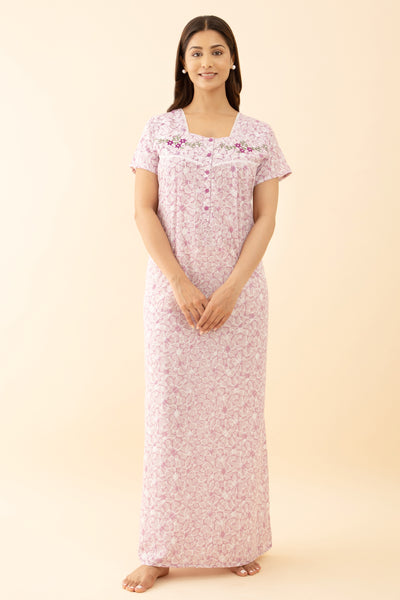 Floral Printed Pink Nighty Square Neck Embroidery
