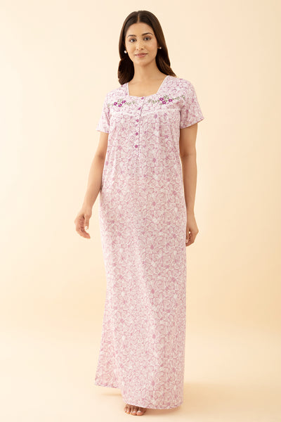 Floral Printed Pink Nighty: Square Neck Embroidery