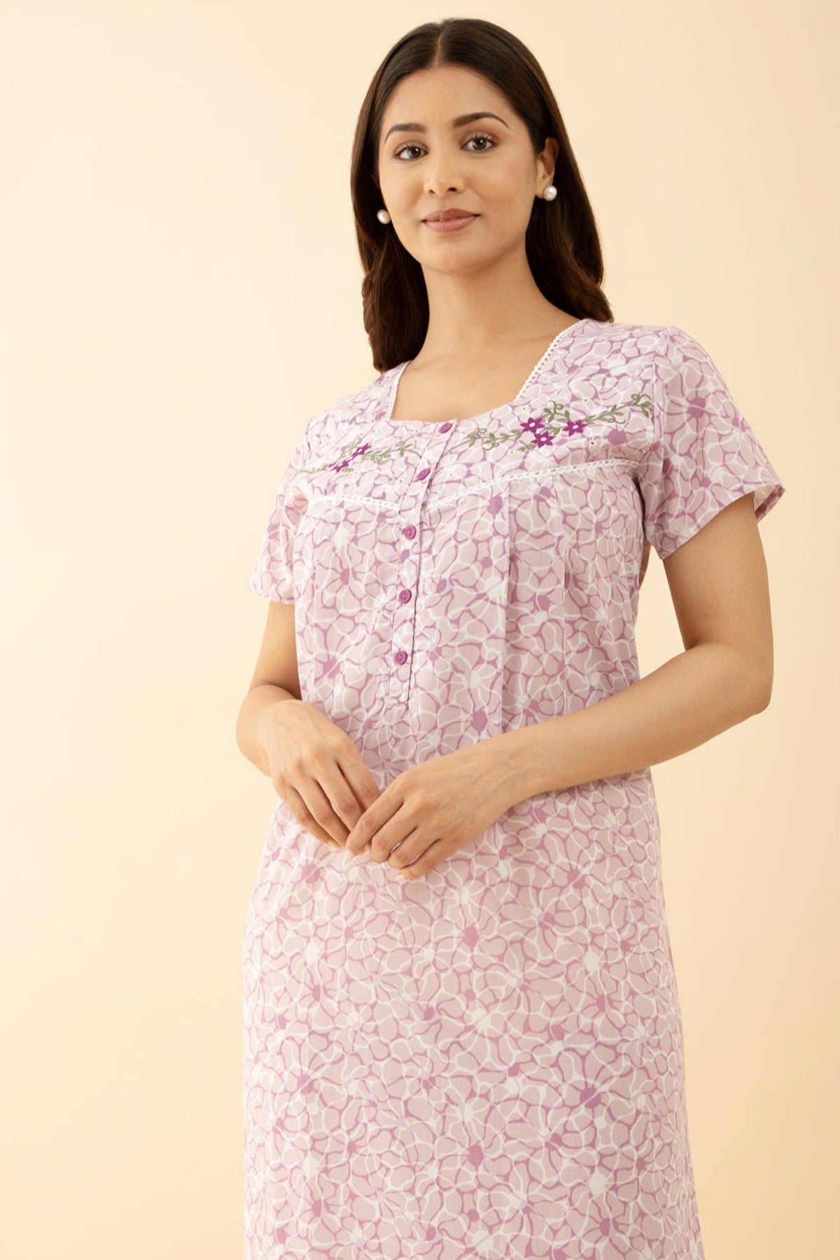 Floral Printed Pink Nighty Square Neck Embroidery