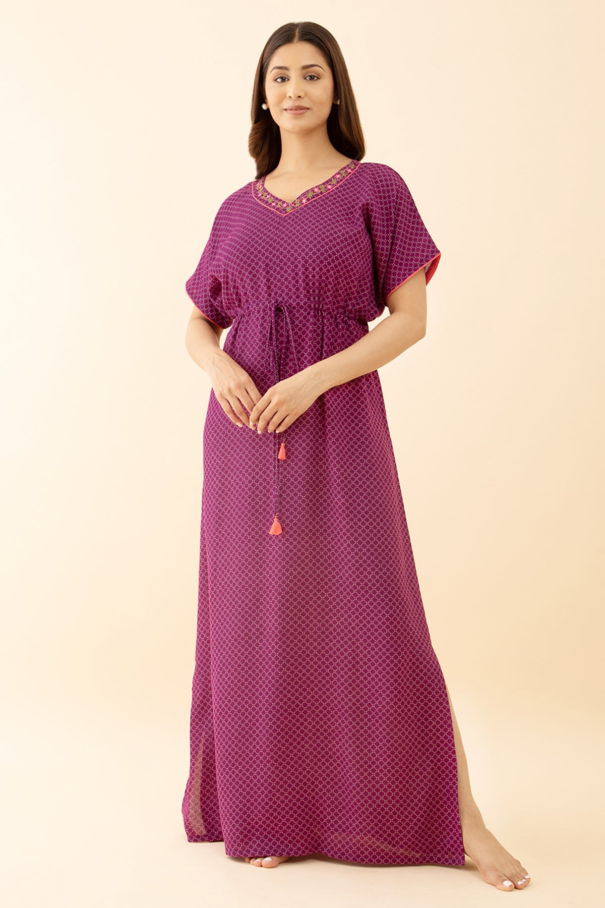 Pink Color Printed Embroidered Nighty