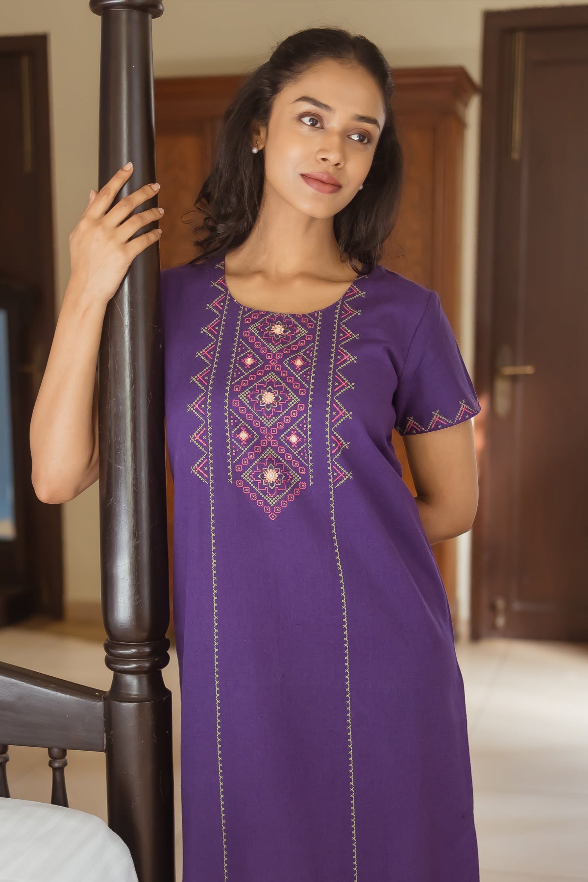 Solid Cotton Nightwear with Intricate Embroidered Yoke - Purple