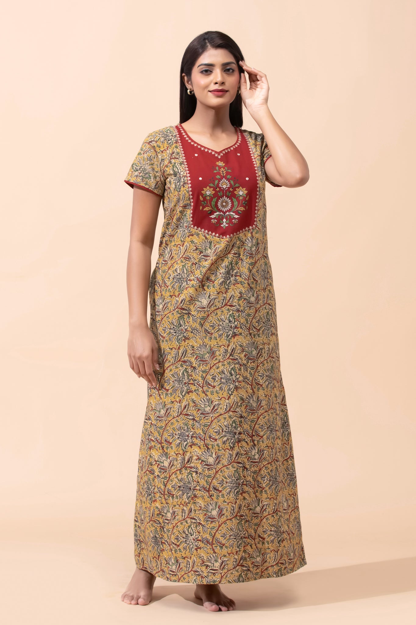 Mustard Kalamkari Cotton Nightwear