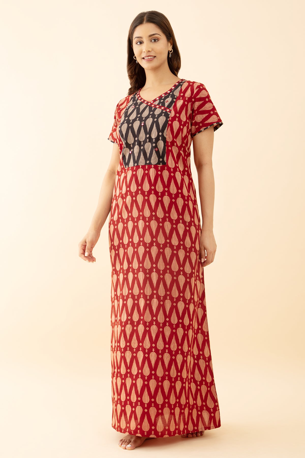 Rust Color Ajrakh Contrast Printed Nighty