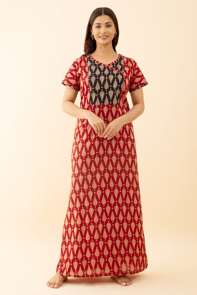 Rust Color Ajrakh Contrast Printed Nighty