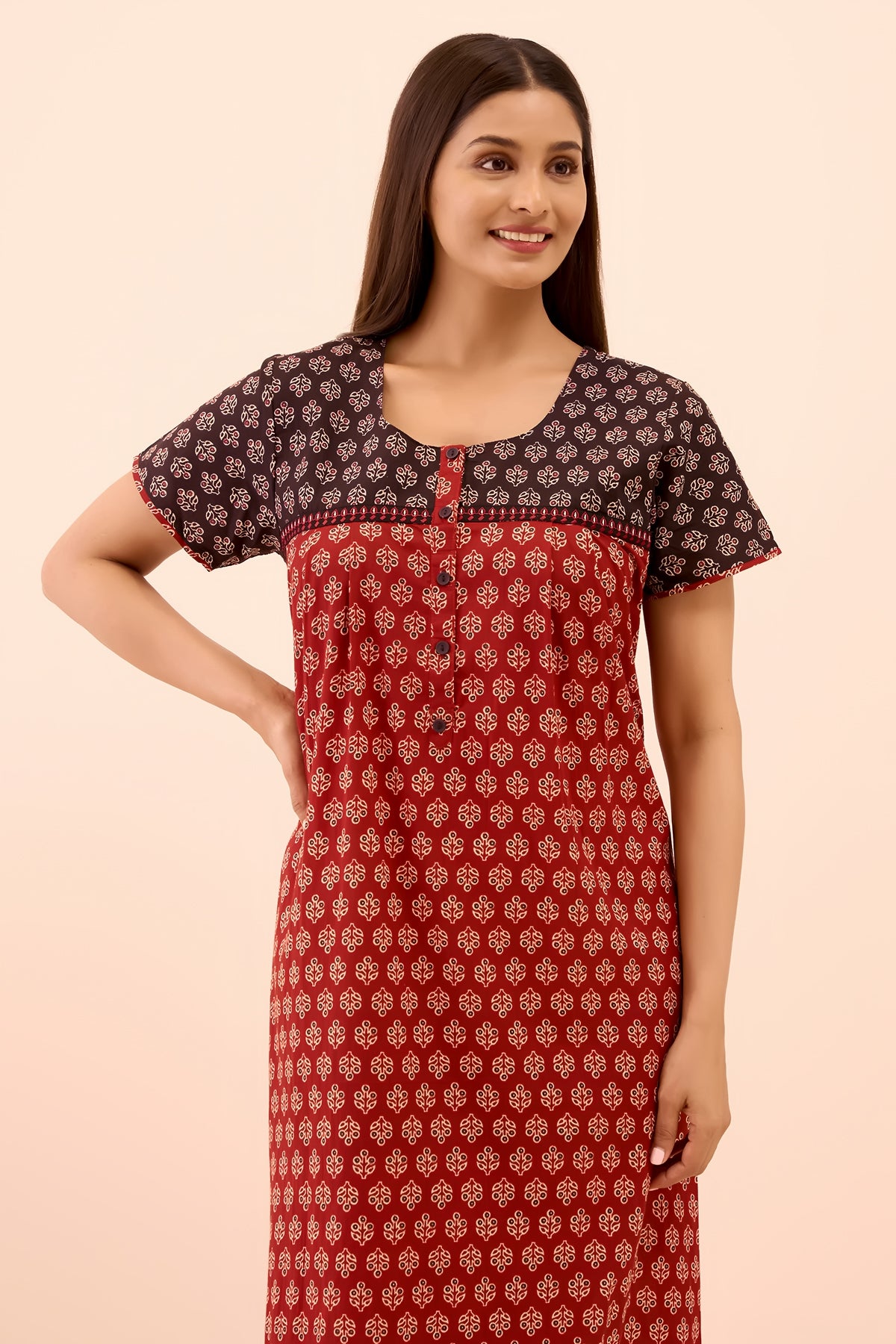 Ajrakh Printed Nighty - Maroon