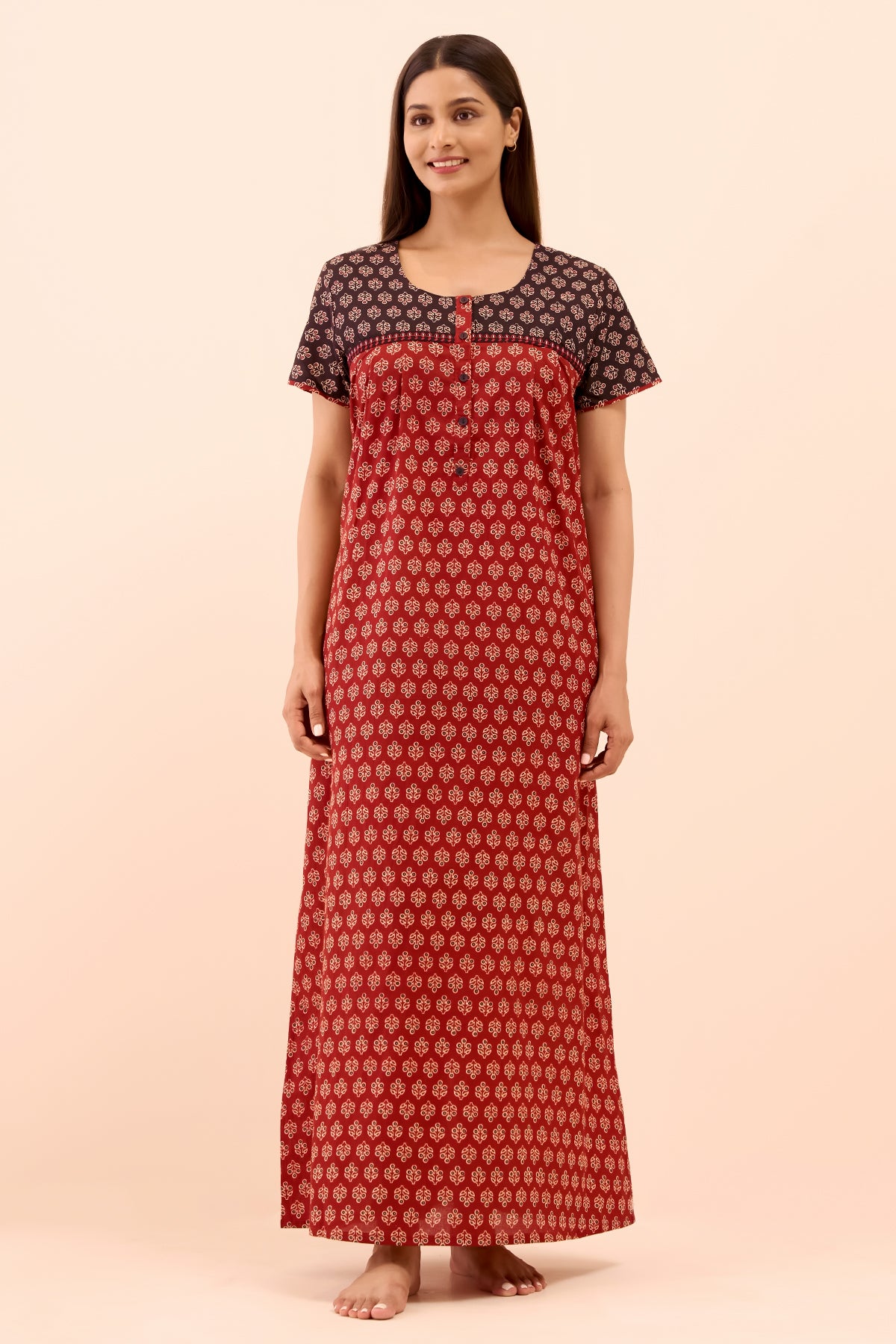 Ajrakh Printed Nighty - Maroon