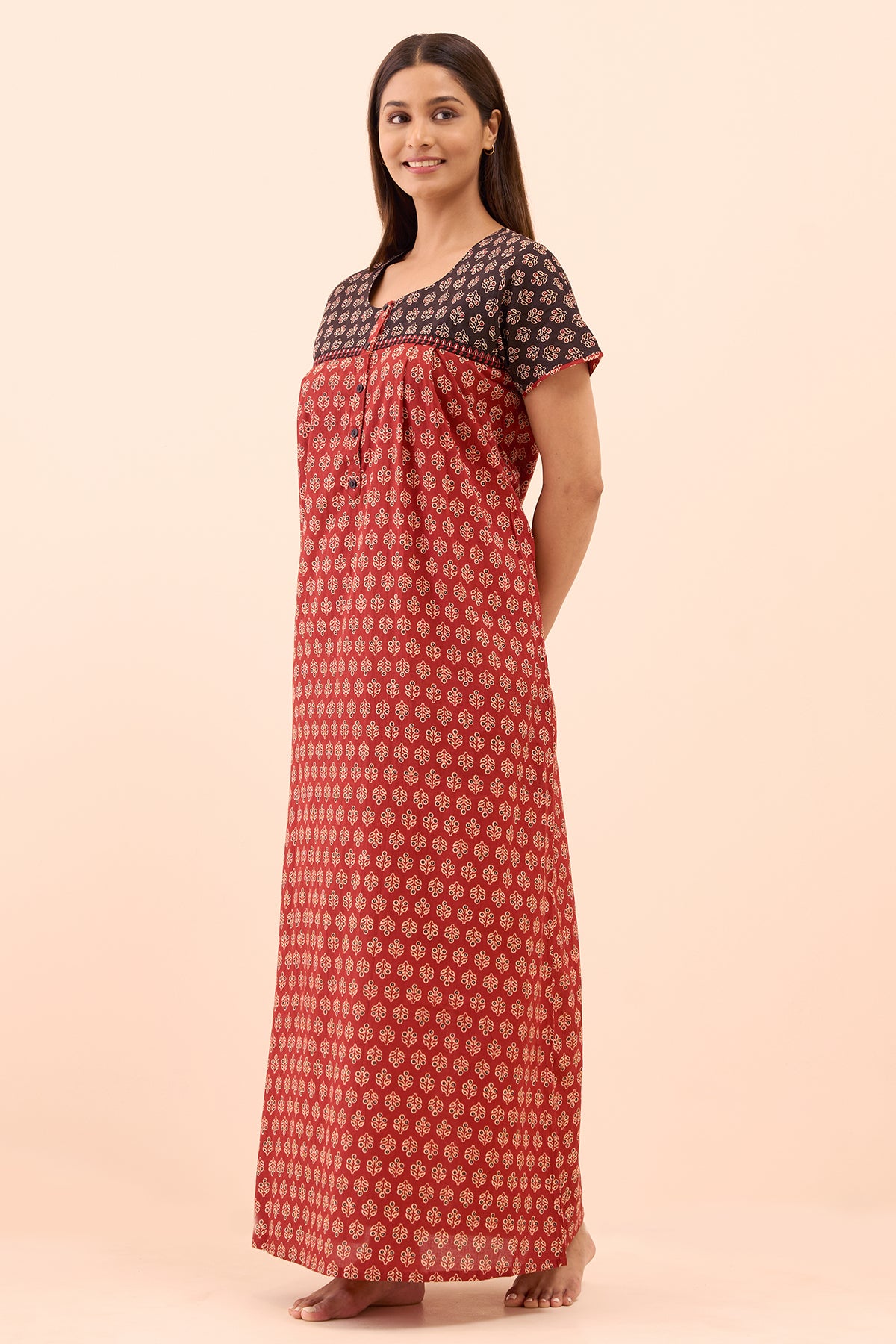 Ajrakh Printed Nighty - Maroon