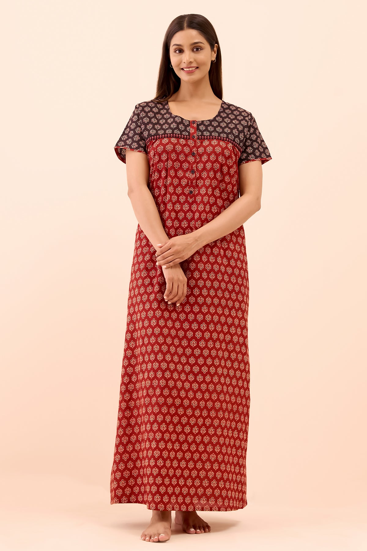 Ajrakh Printed Nighty - Maroon