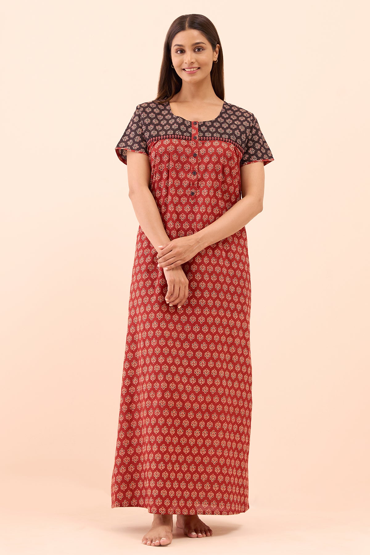 Ajrakh Printed Nighty - Maroon