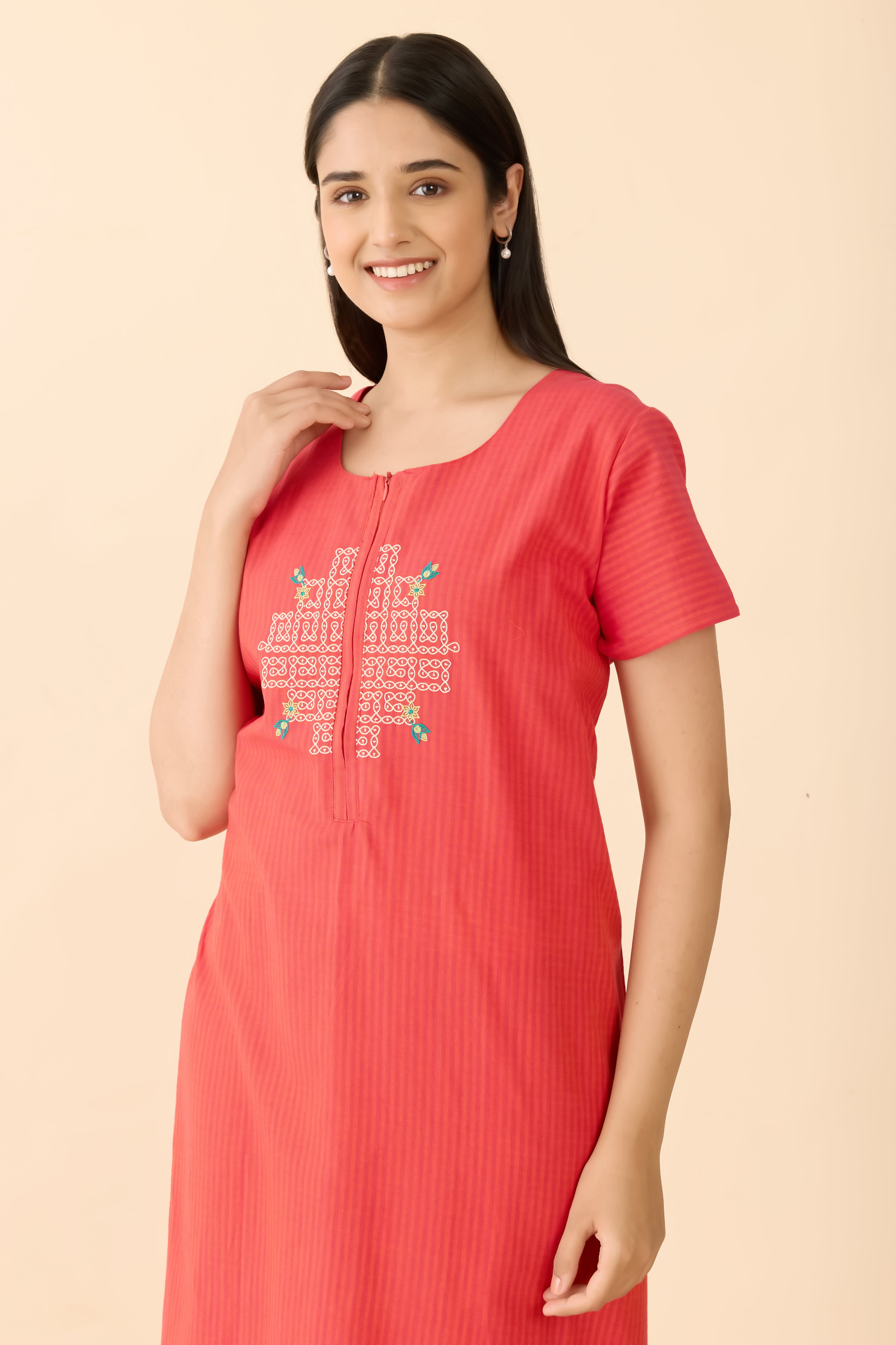 Nagri Orange Cotton Nighty wih Kolam Embroidered Yoke