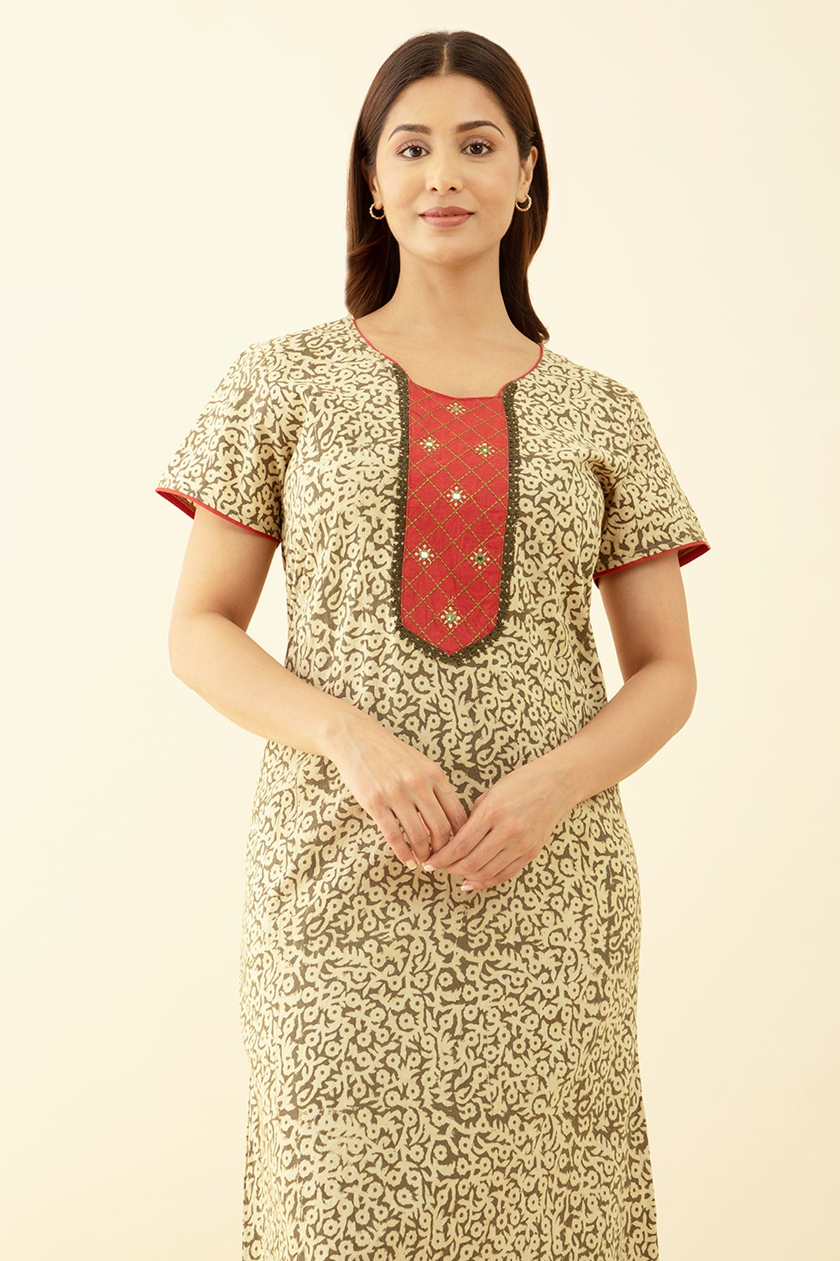 Green Nighty Patchwork Embroidery with Mirror Accents
