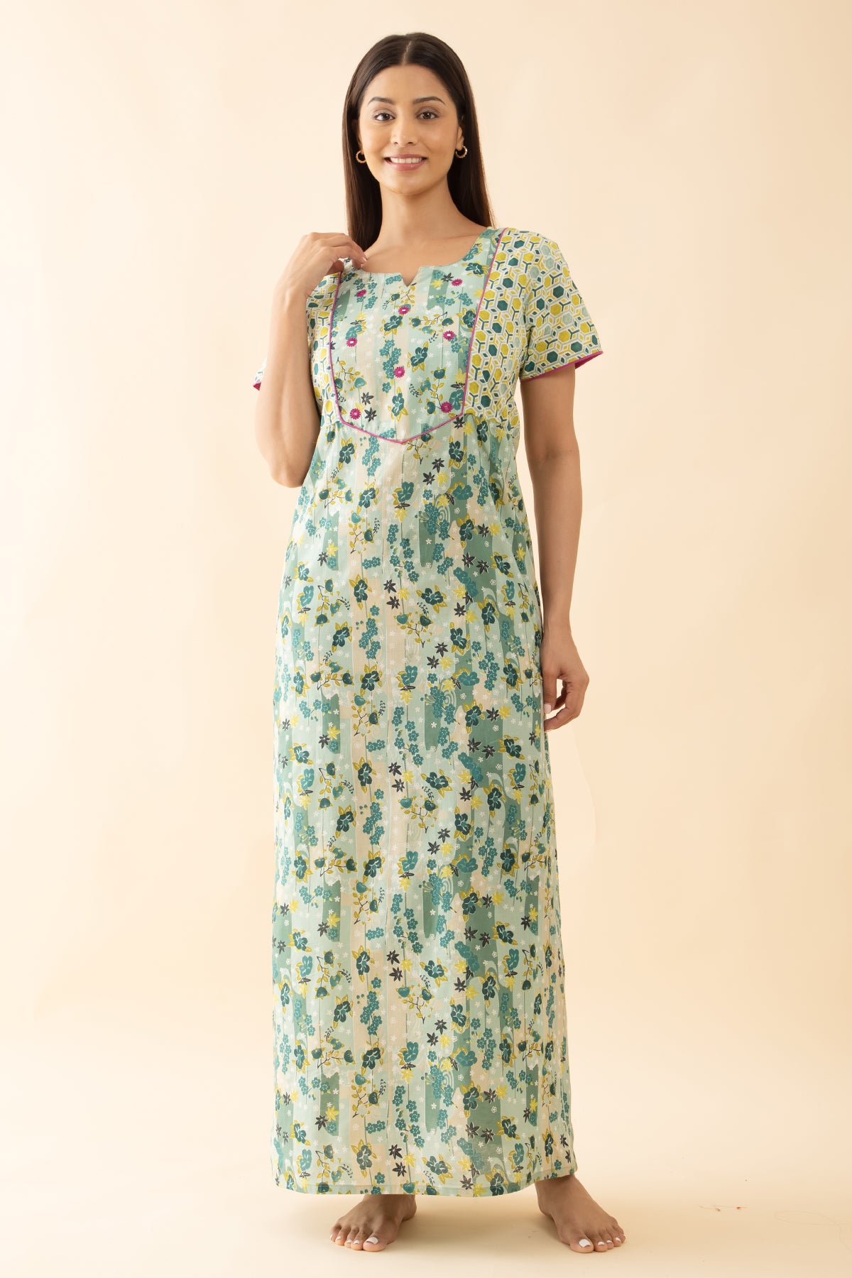 Floral Printed Nighty with Foil Mirror Embellishment - Green