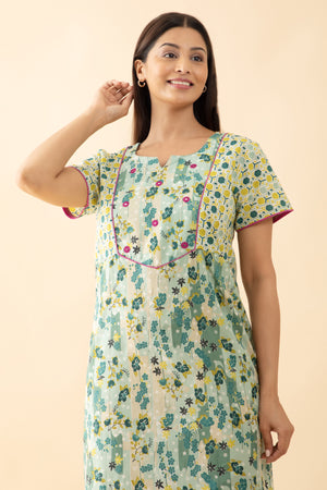 Floral Printed Nighty with Foil Mirror Embellishment - Green