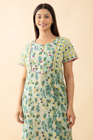 Floral Printed Nighty with Foil Mirror Embellishment - Green