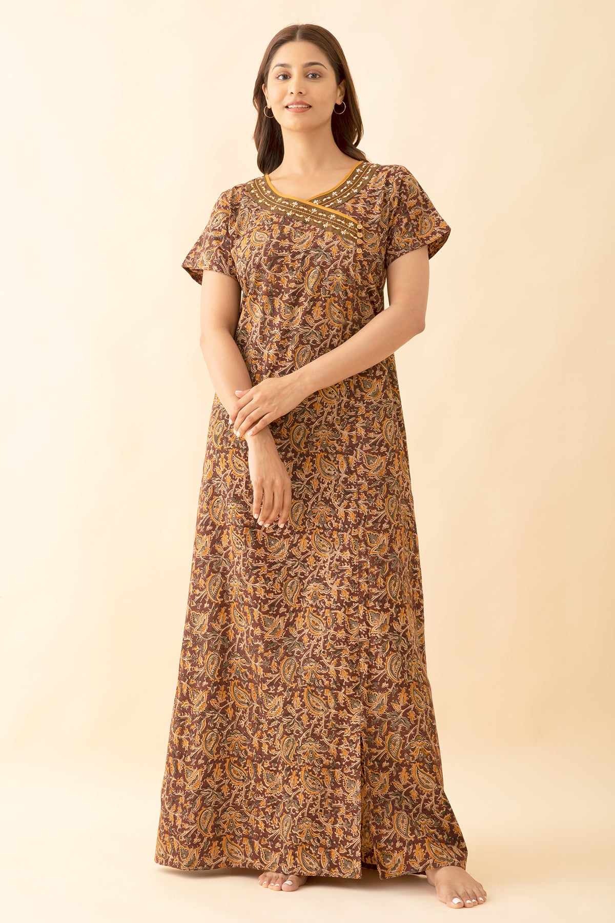 Allover kalamkari Print With Floral Embroidery Nighty - Brown