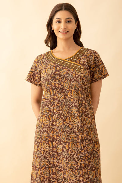 Allover kalamkari Print With Floral Embroidery Nighty - Brown