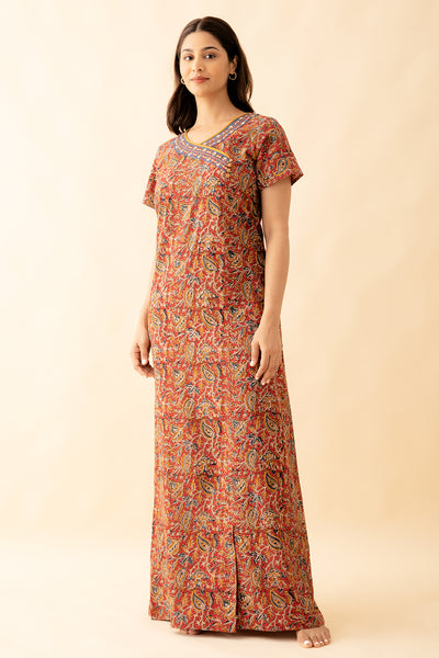 Allover kalamkari Print With Floral Embroidery Nighty - Red