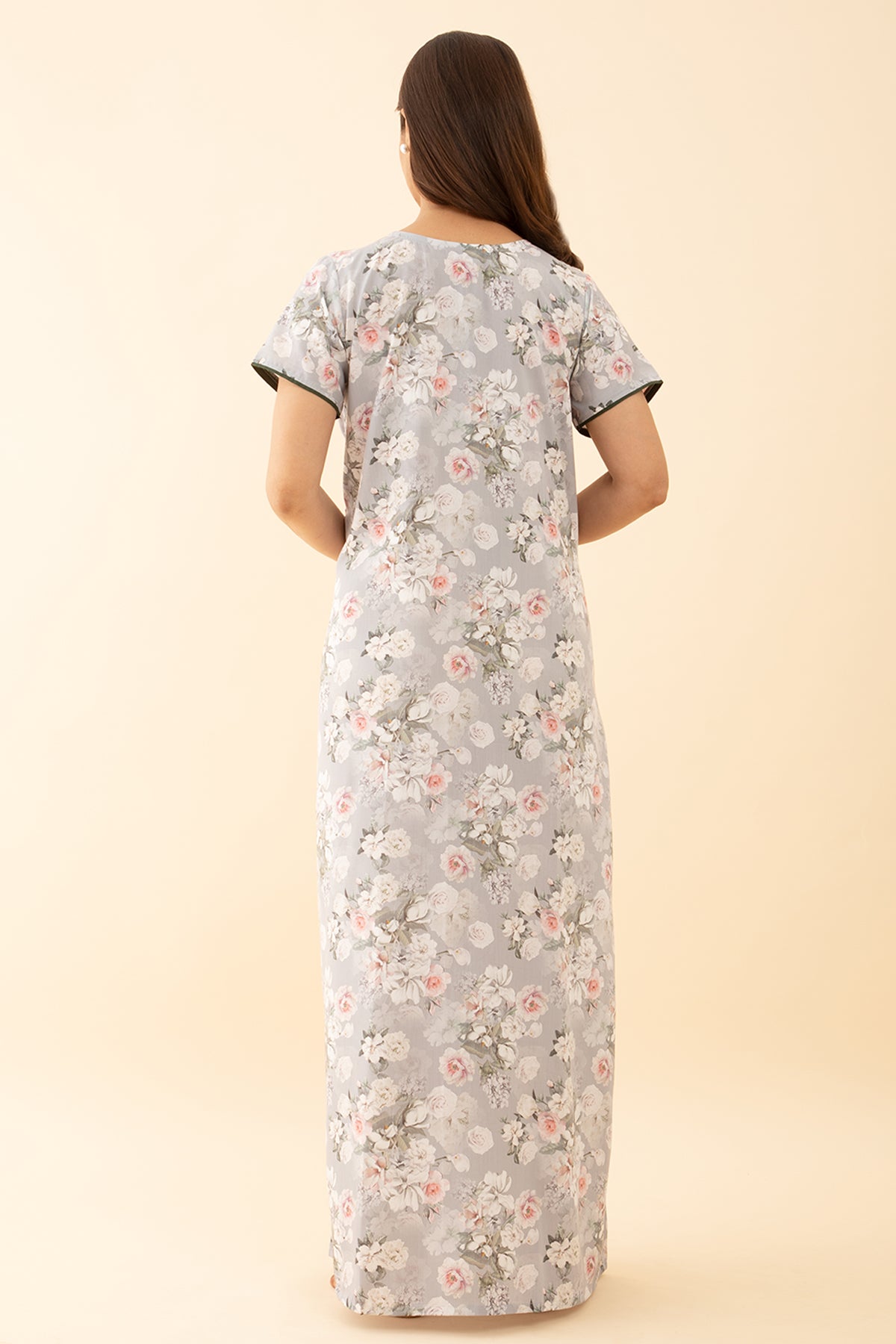 Embroidered Pink Nighty with Floral Printed
