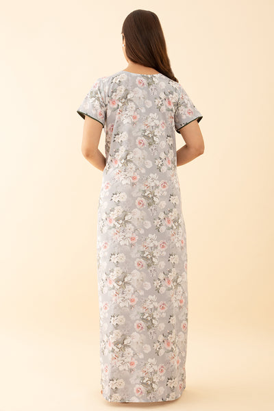 Embroidered Pink Nighty with Floral Printed