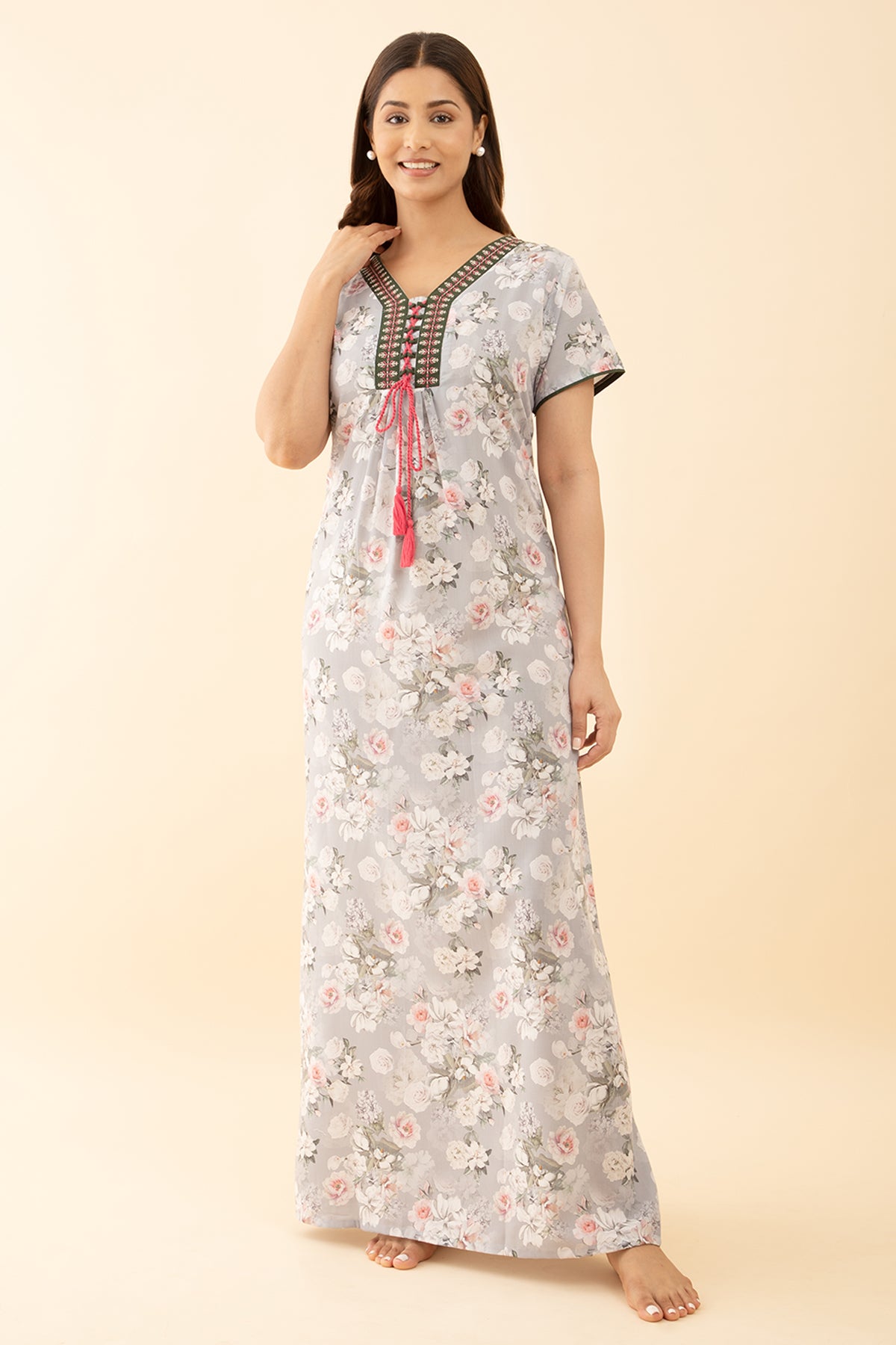 Embroidered Pink Nighty with Floral Printed
