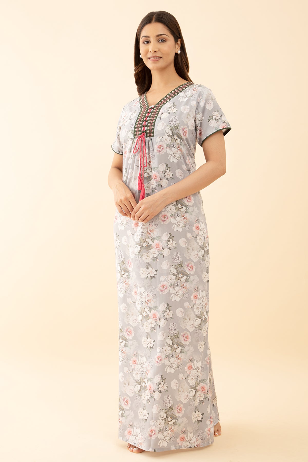 Embroidered Pink Nighty with Floral Printed
