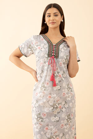 Embroidered Pink Nighty with Floral Printed
