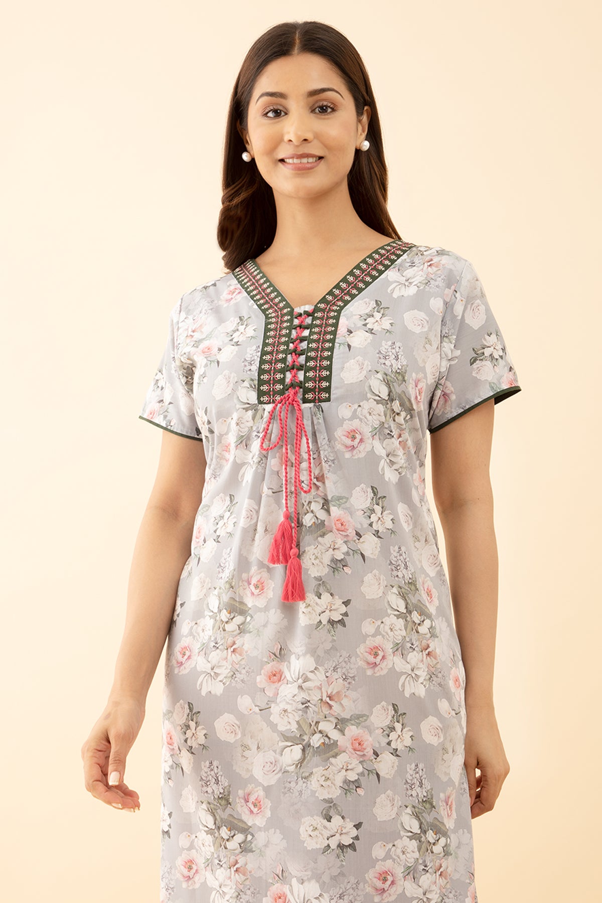 Embroidered Pink Nighty with Floral Printed