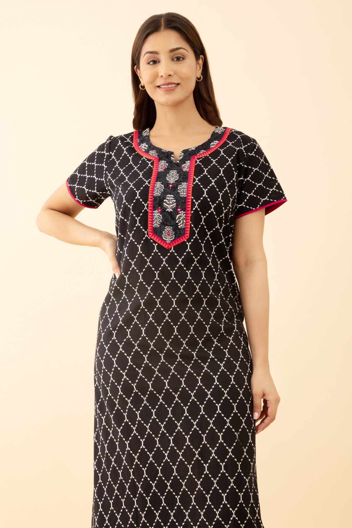 Black Embroidered Printed Nighty Geometric Designs
