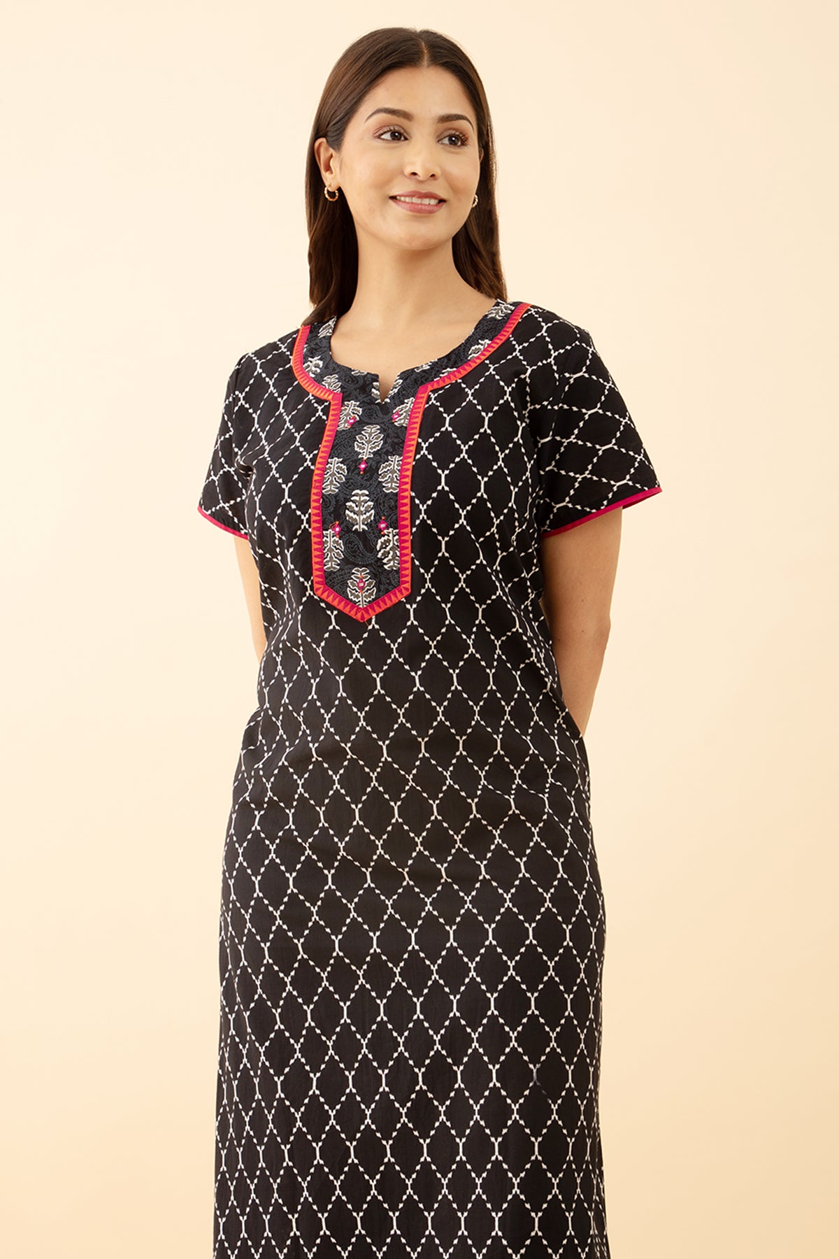 Black Embroidered Printed Nighty Geometric Designs
