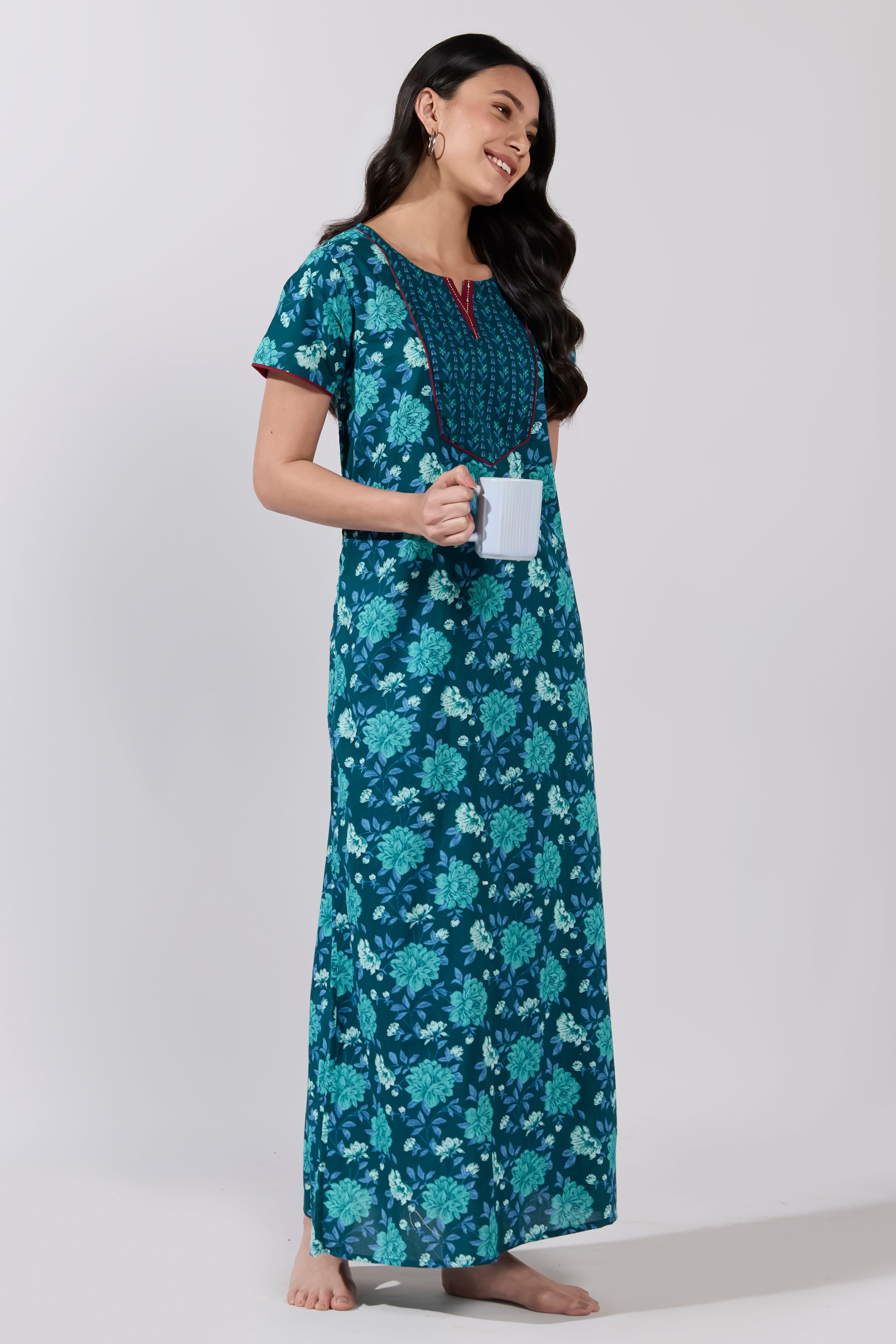 Aqua Blue Floral Printed Cotton Nightwear