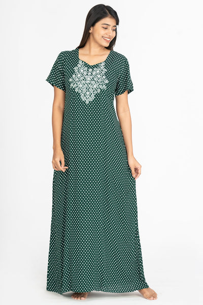 All Over Polka Dot Print With Contrast Floral Embroidered Yoke Nighty -Green