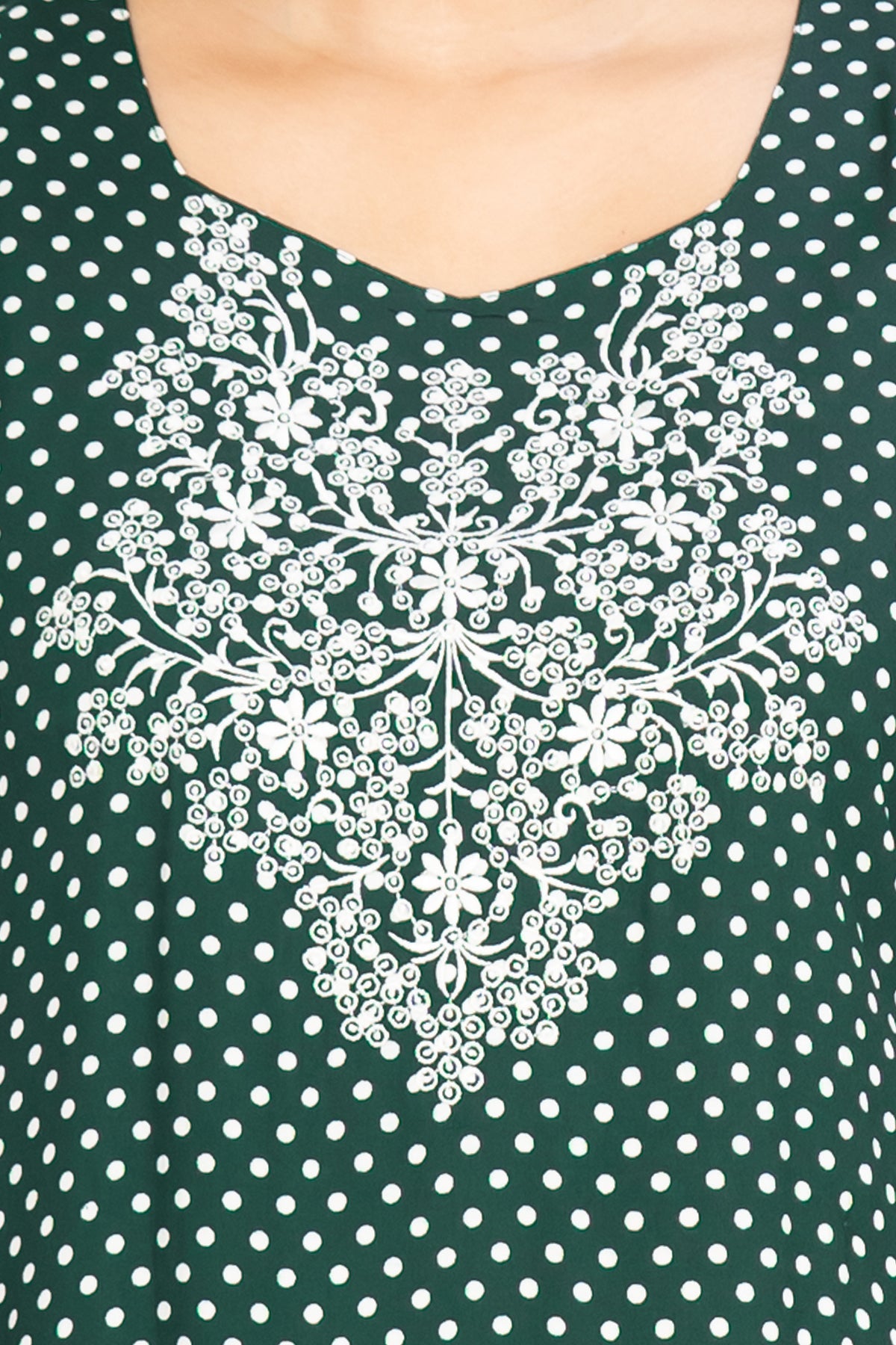 All Over Polka Dot Print With Contrast Floral Embroidered Yoke Nighty -Green