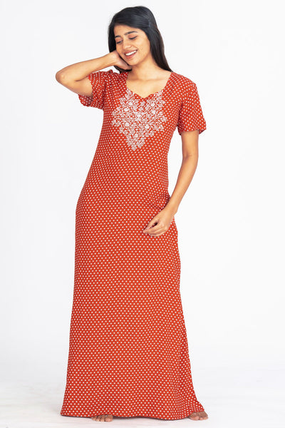 All Over Polka Dot Print With Contrast Floral Embroidered Yoke Nighty - Red