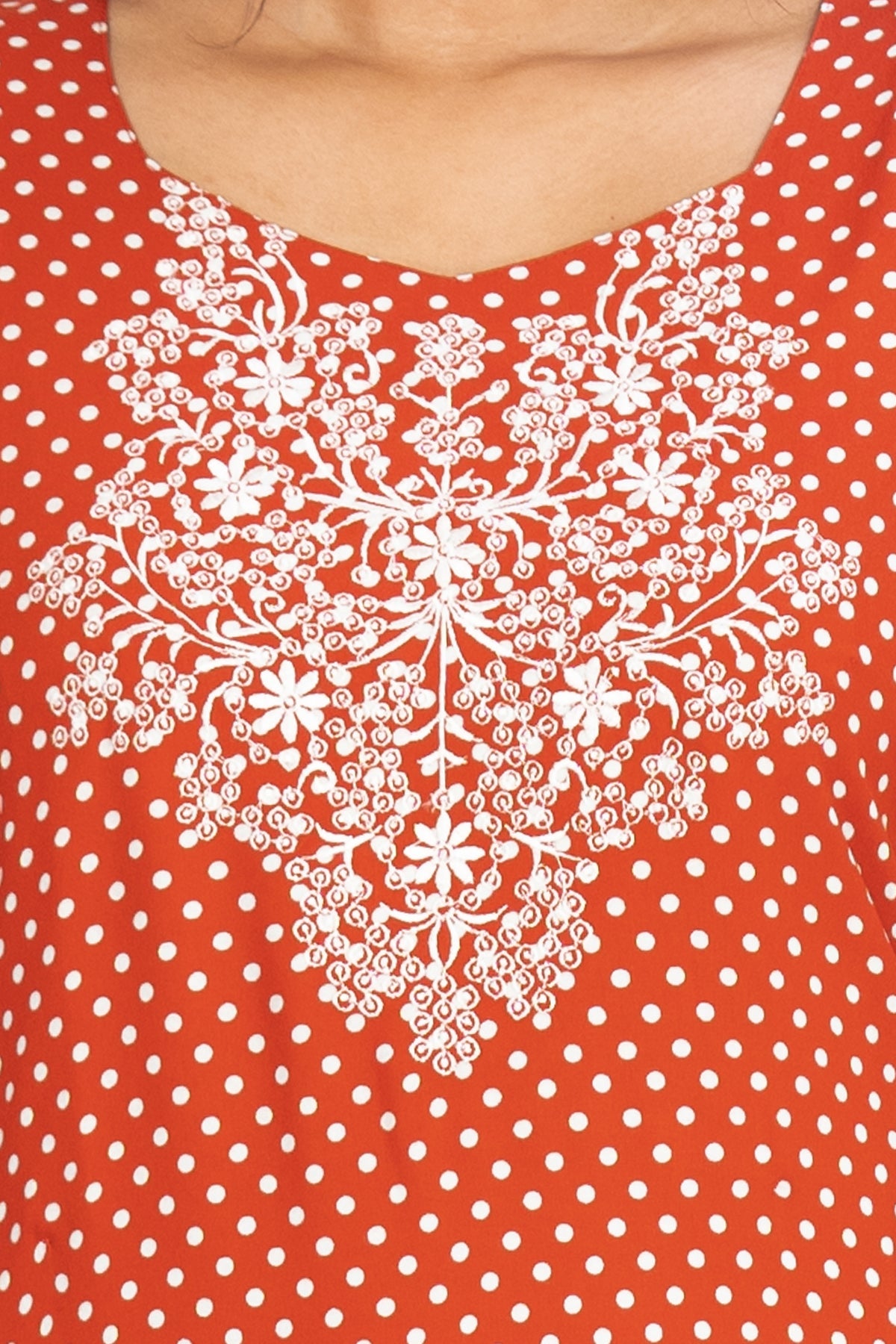 All Over Polka Dot Print With Contrast Floral Embroidered Yoke Nighty - Red