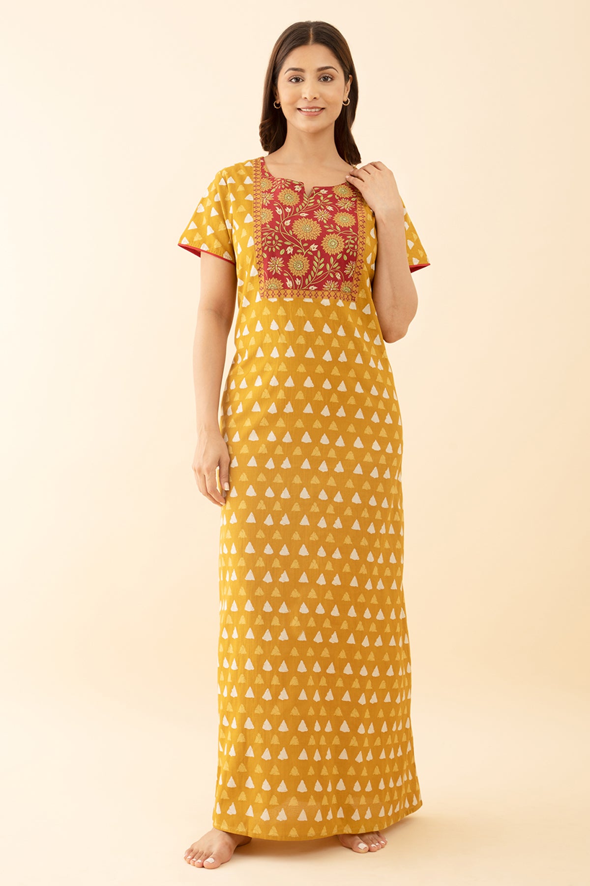 Mustard Embroidered Nighty Geometric Floral Printed
