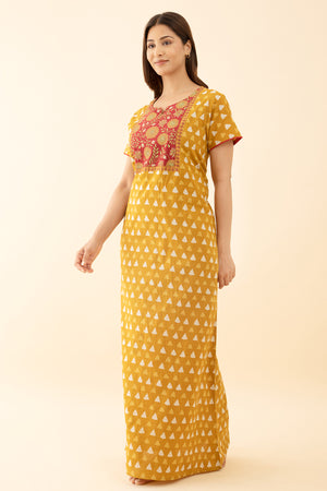 Mustard Embroidered Nighty Geometric Floral Printed
